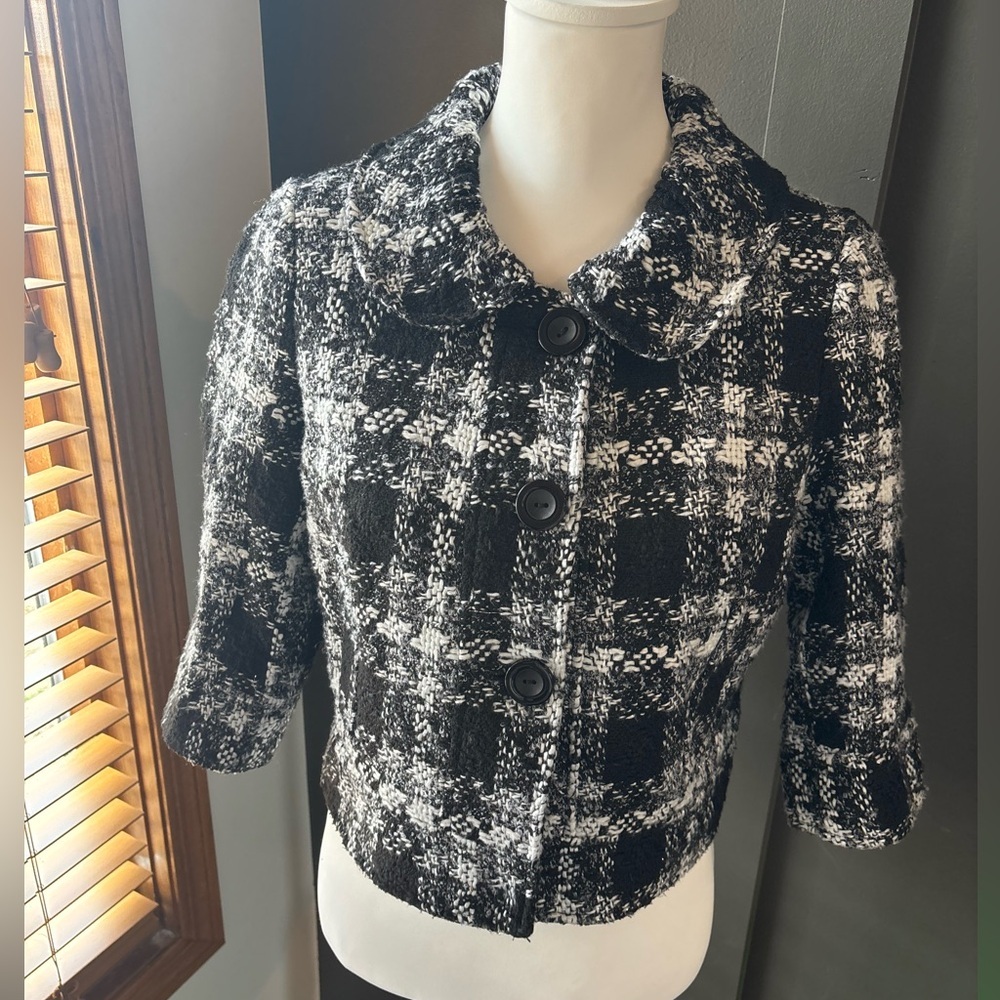 Emmelee Black White Tweed Plaid Cropped Jacket Wool Blend Collared Button Coat L